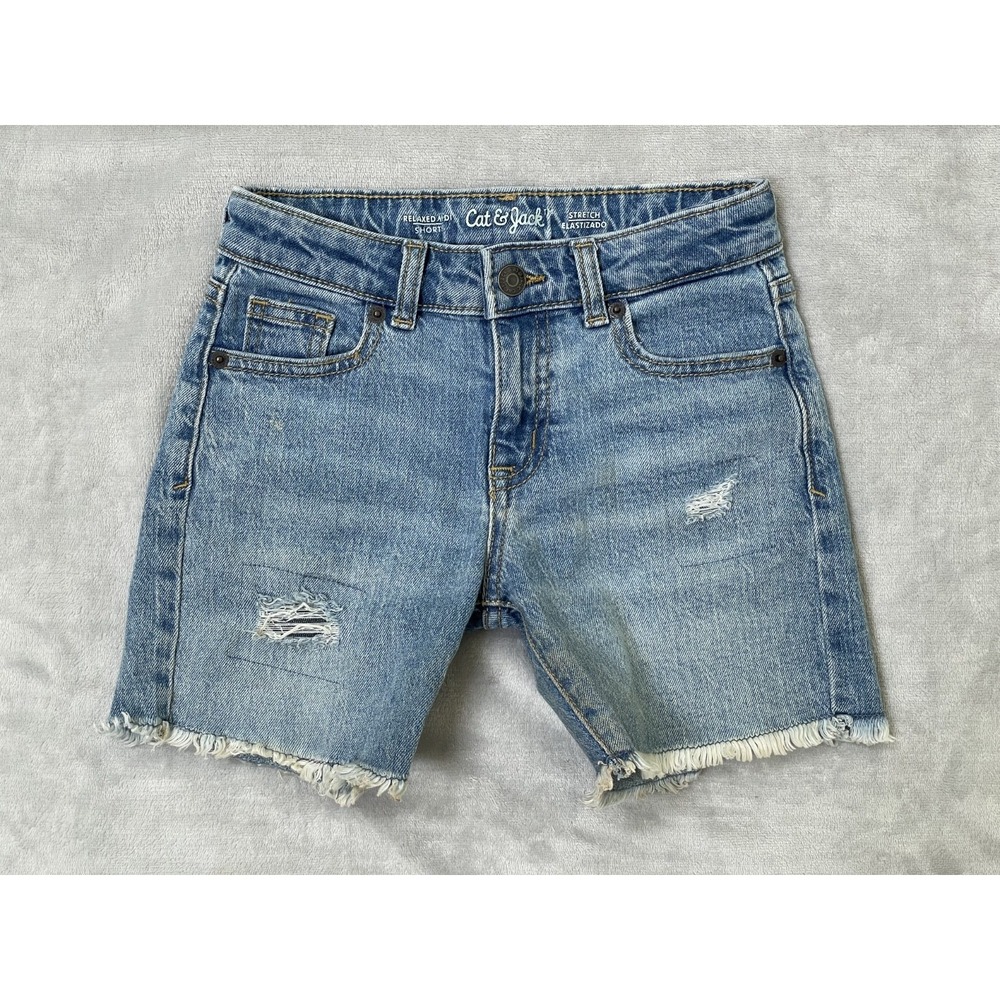 Cat & Jack Denim Shorts Girls Size S 6/7 Blue – Distressed Cutoff Stretch Jeans